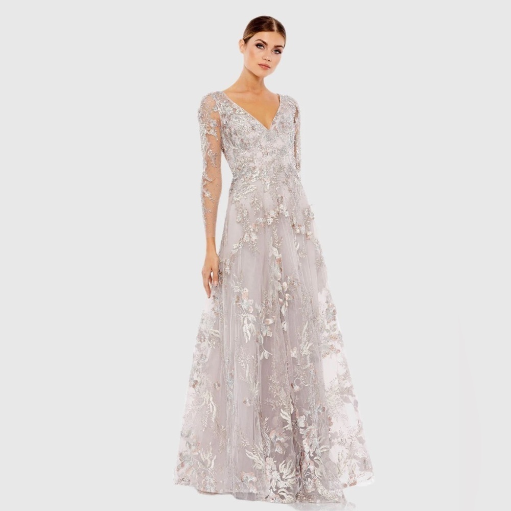 Embroidered Long Sleeve Evening Gown in Light Silver